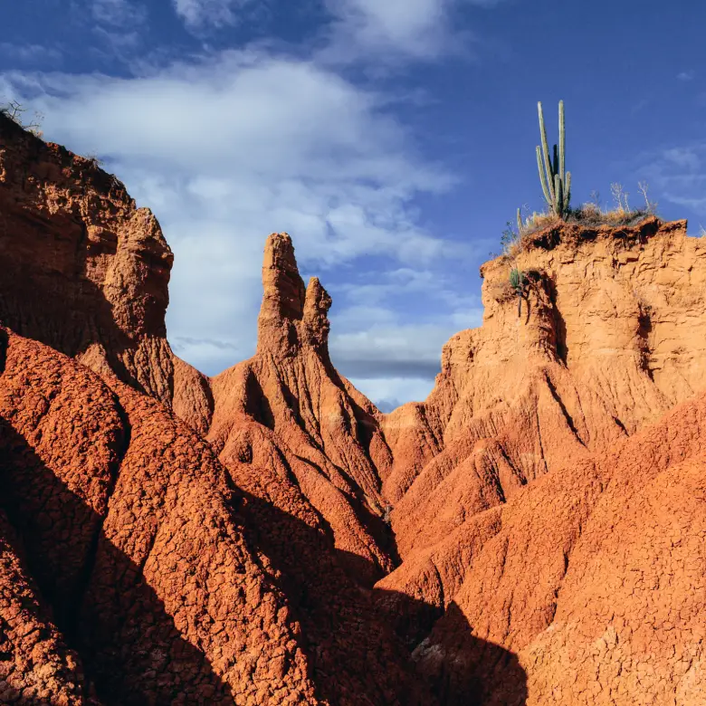 Formaciones rocosas erosionadas de color cobre profundo y texturizado en un paisaje desértico, con un cactus columnar en la cima de una cresta bajo un cielo azul con nubes.