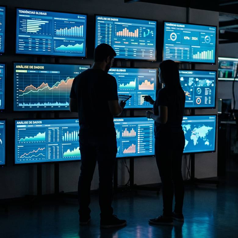 Dos profesionales de pie en una sala oscura analizando gráficos, mapas y estadísticas en un muro de múltiples pantallas digitales brillantes, representando el trabajo de monitoreo y análisis de datos dentro de los Centros Integrados de Operaciones en el sector minero.
